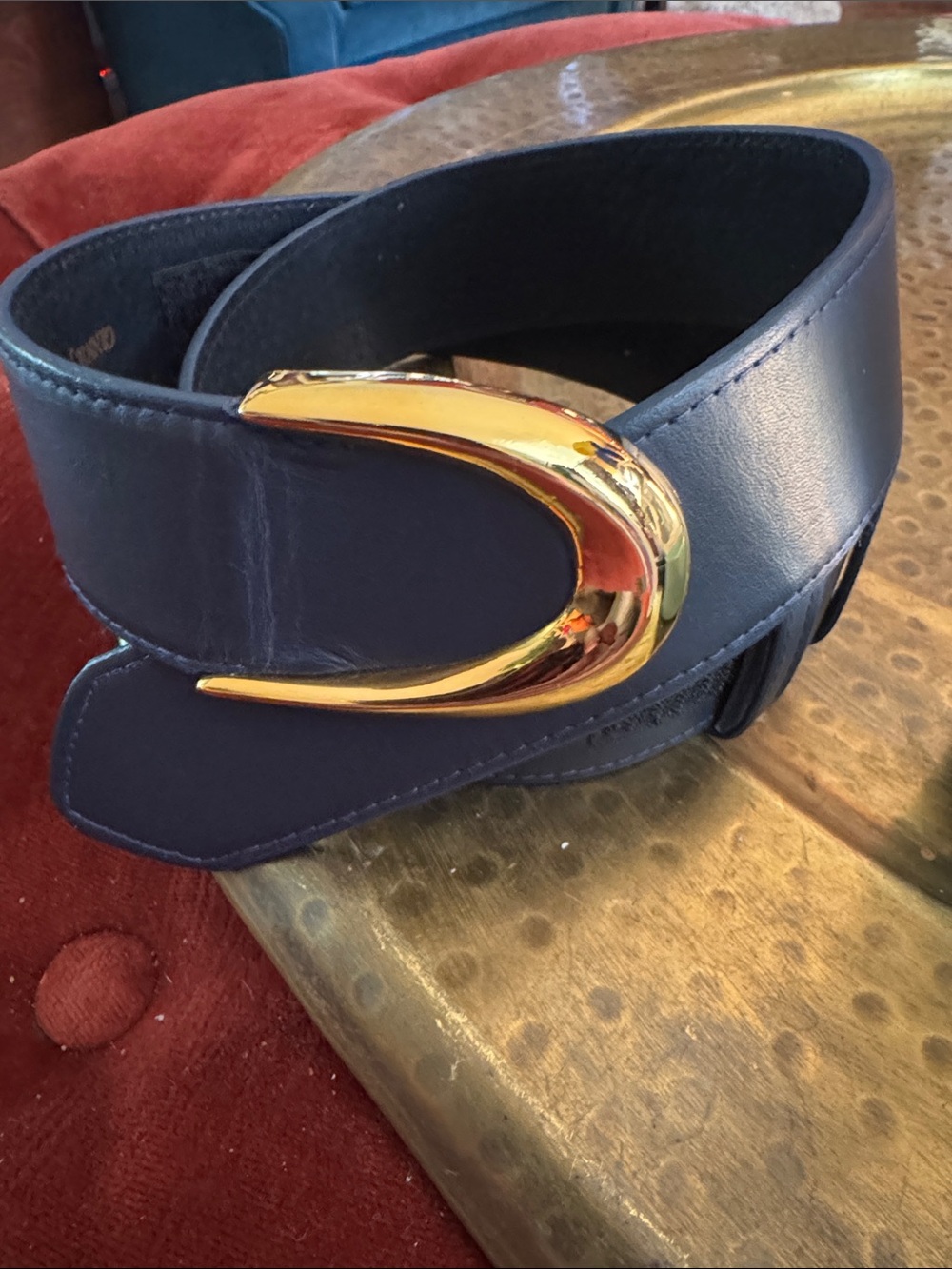 Navy Leather Waist Belt with Polished Gold Crescent Buckle